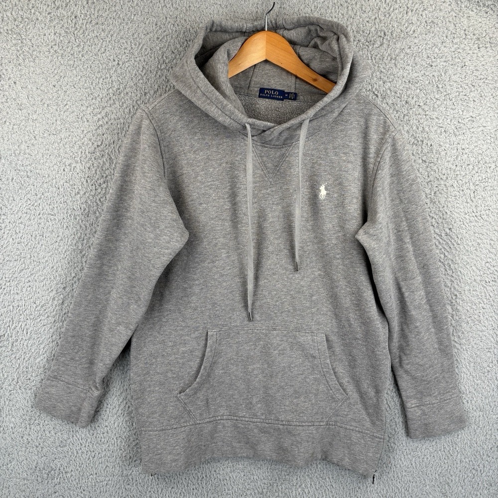 Polo Ralph Lauren Hoodie Mens Medium Gray Pullover Fleece Cotton Pony Side Zip